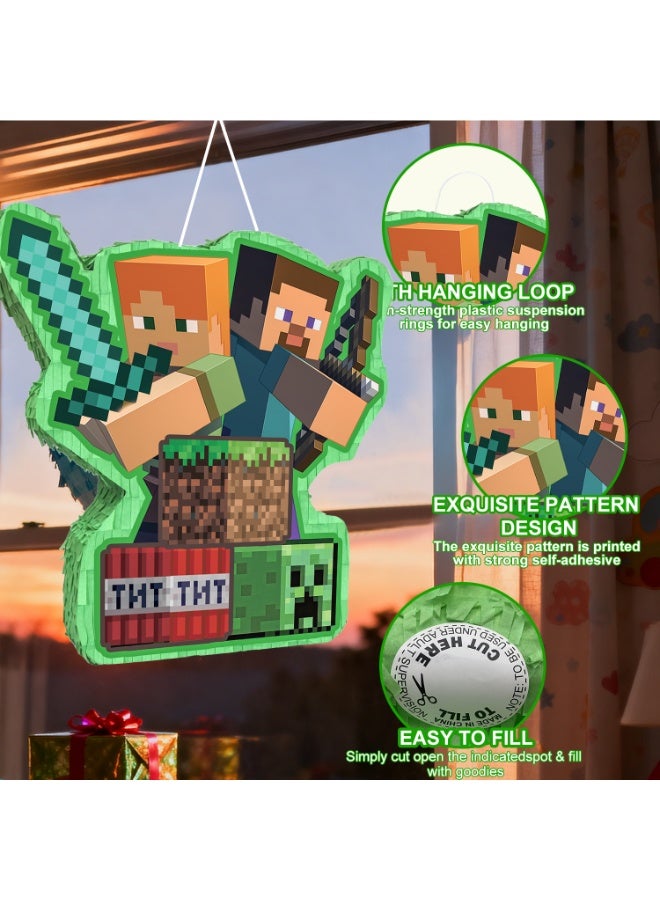 Minecraft Pinata, Large Creeper Design Party Pinata Bundle - Pixel Game Party Game Decorations Blindfold & Pickaxe Party Stick etc Minecraft Pinata Birthday Party Decoration Supplies - Image 3