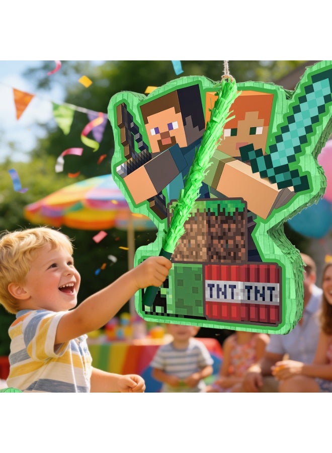Minecraft Pinata, Large Creeper Design Party Pinata Bundle - Pixel Game Party Game Decorations Blindfold & Pickaxe Party Stick etc Minecraft Pinata Birthday Party Decoration Supplies - Image 5