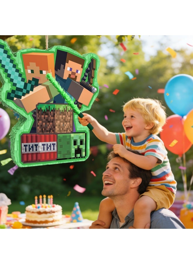 Minecraft Pinata, Large Creeper Design Party Pinata Bundle - Pixel Game Party Game Decorations Blindfold & Pickaxe Party Stick etc Minecraft Pinata Birthday Party Decoration Supplies - Image 4