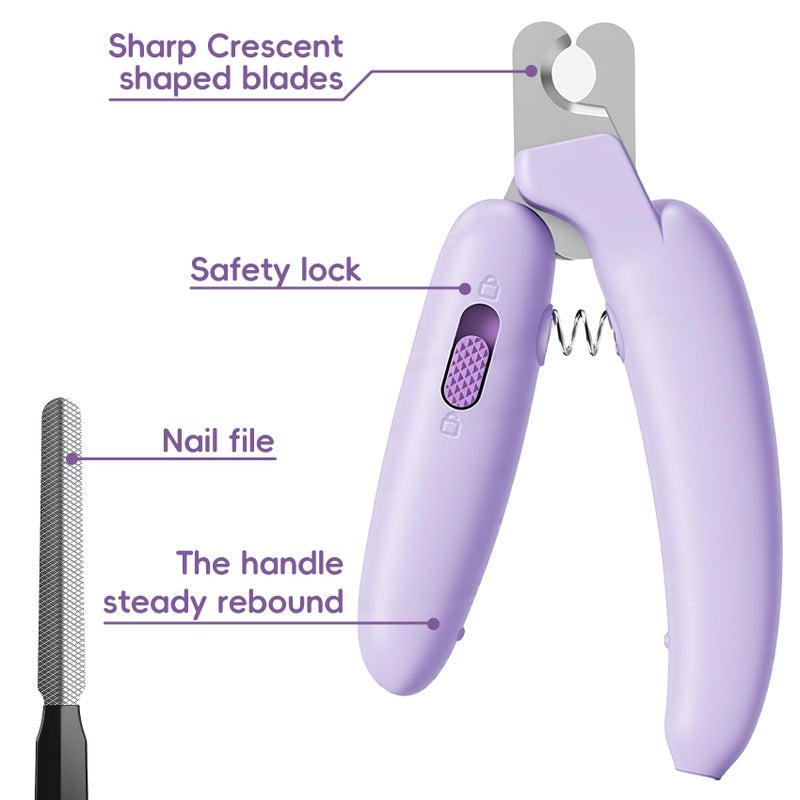 QDCYP Dog Nail Clippers,Dog Nail Trimmers for Small Medium Dogs and Cats - Professional Grooming Tool with Safety Lock, Sharp Stainless Steel Blade Prevents Splittingï¼ŒIncludes Nail File (Purple-mini) - Image 5