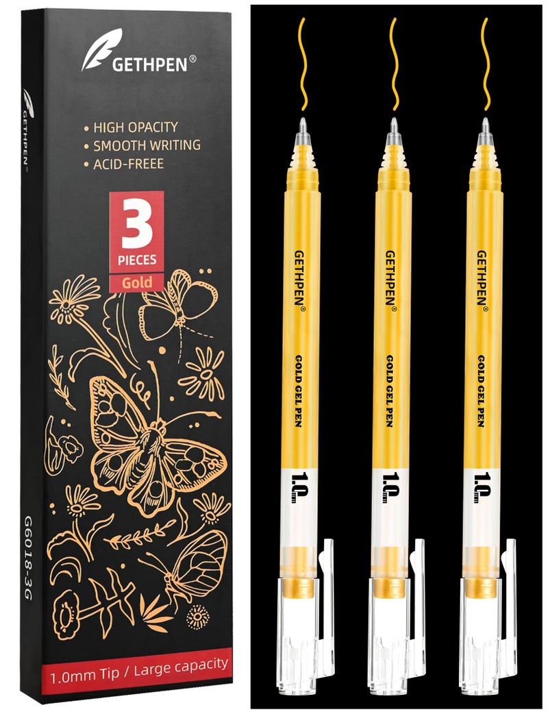 GETHPEN Gold Gel Pens, 1.0 mm Extra Fine Point Gel Ink Pens, Opaque Gold Archival Ink Pens for Black Paper Drawing, Sketching, Card Making, White Gel Pen for Artists Drawing, 3 Pack - Image 1