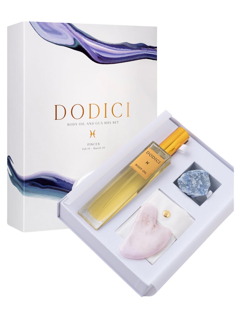 Dodici Gift Set Inspired by Your Zodiac Sign (Pisces) Silky and luxurious body oil made from ecological oils | Perfect for a Birthday Gift | Organic Body Oil & Natural BLUE QUARTZ Gift Set + Gua Sha - Image 1