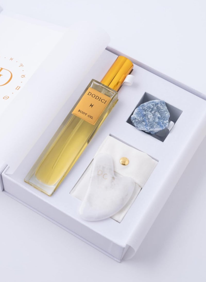 Dodici Gift Set Inspired by Your Zodiac Sign (Pisces) Silky and luxurious body oil made from ecological oils | Perfect for a Birthday Gift | Organic Body Oil & Natural BLUE QUARTZ Gift Set + Gua Sha - Image 4