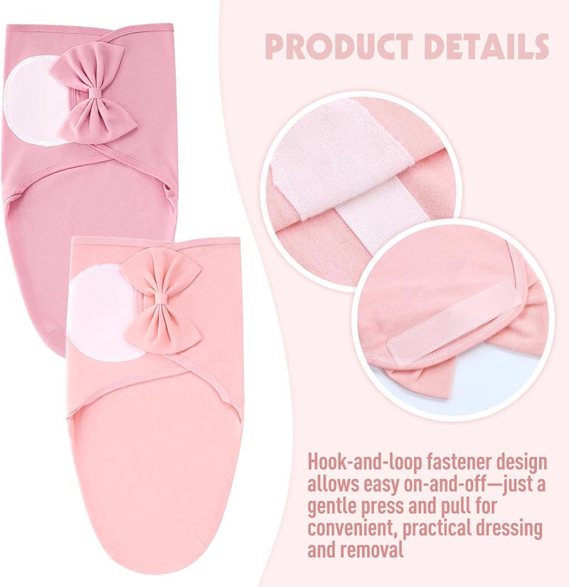 Cinaci 2 Pack Adjustable Soft Cotton Blend Newborn Baby Receiving Swaddle Blankets Sleep Sacks with Big Bow Hats Caps Beanies Bonnets for Baby Girls Newborns Infants (Coral Pink+Dusty Pink) - Image 4