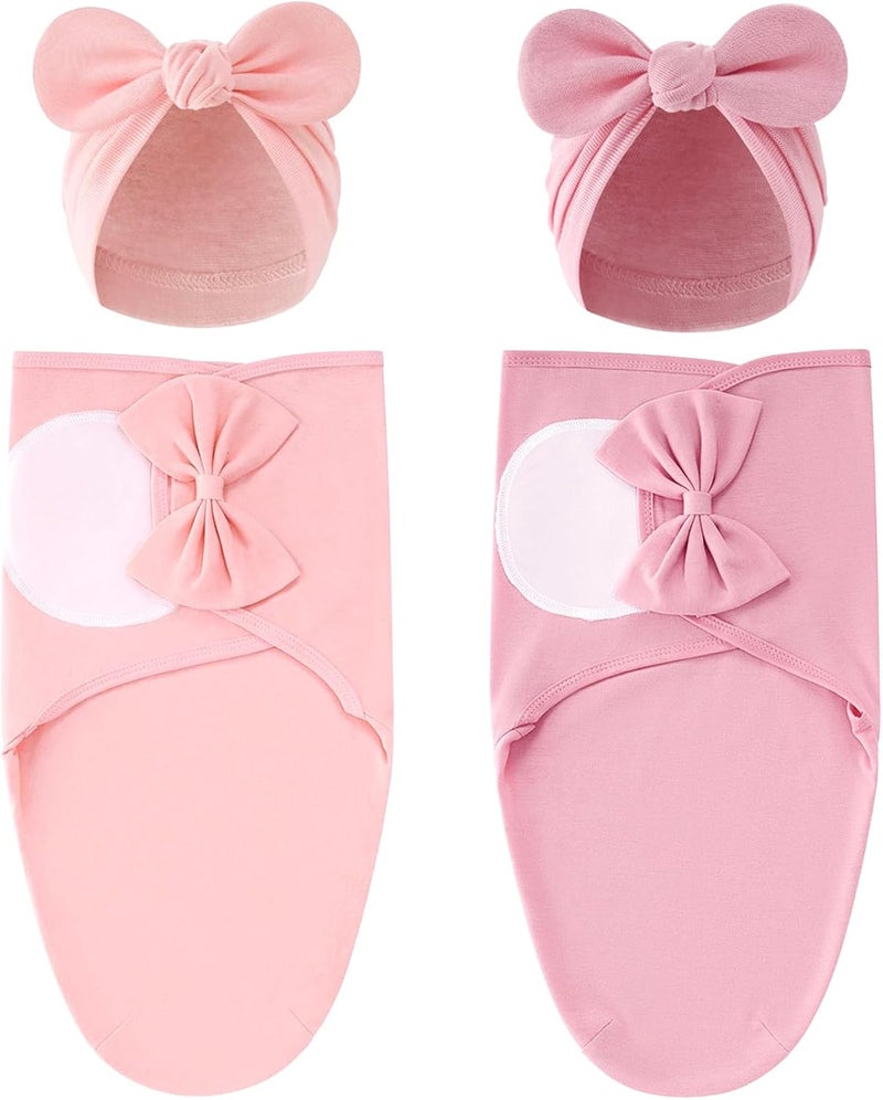 Cinaci 2 Pack Adjustable Soft Cotton Blend Newborn Baby Receiving Swaddle Blankets Sleep Sacks with Big Bow Hats Caps Beanies Bonnets for Baby Girls Newborns Infants (Coral Pink+Dusty Pink) - Image 1