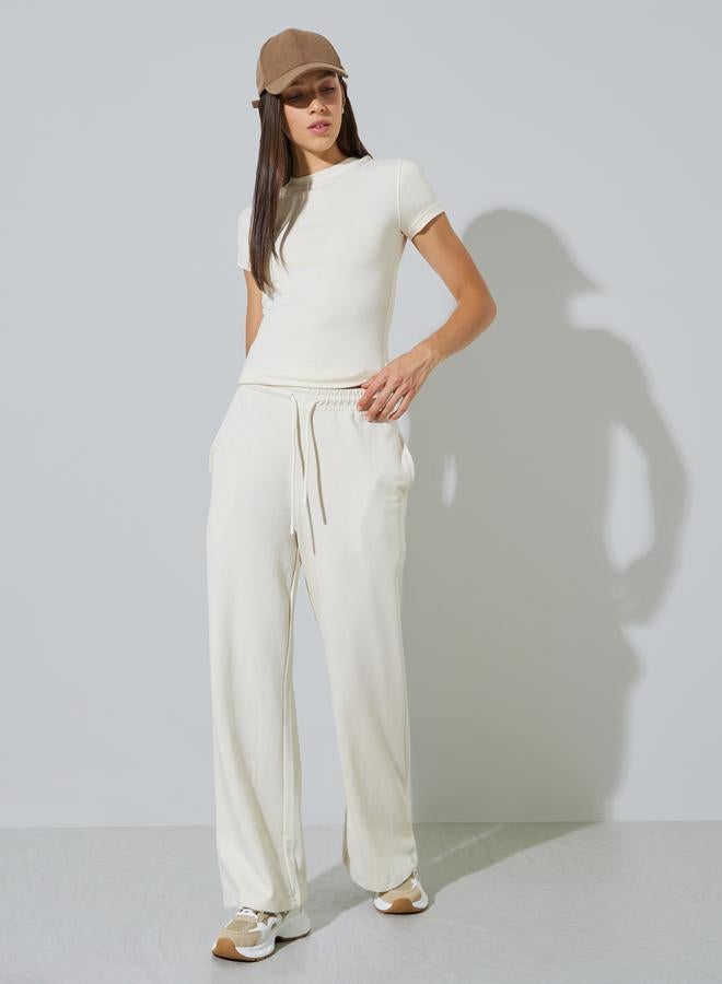 Styli Cream Cotton Blend Wide Leg Joggers - Image 1