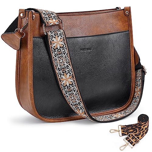 HKCLUF Crossbody Bags for Women Trendy Designer Vegan Leather Hobo Handbags With 2PCS Adjustable Guitar Strap Crossbody Bags(Blackbrown) - Image 1