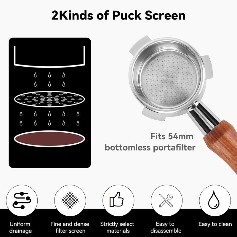 GreeSuit 54mm Bottomless Portafilter with Puck Screen Compatible for Breville Barista Espresso, 2Pack Stainless Steel Puck Screen for 54mm Bottomless Portafilter with Solid Wood Handle - Image 4