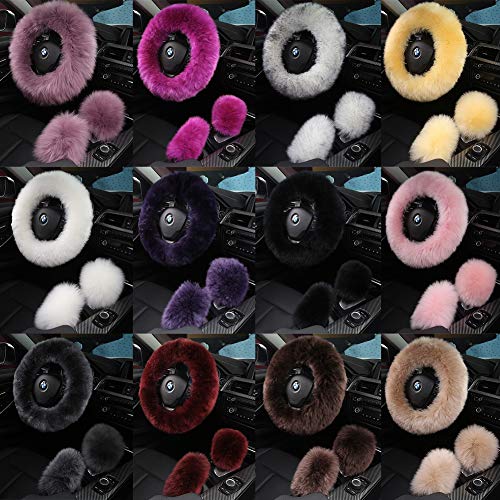 AOGELAN 3Pcs Set Fashion Fluffy Fuzzy Wool Fur Soft Car Steering Wheel Cover with Handbrake Cover & Gear Shift Cover for Women/Girls/Ladies Auto Long Wool Accessories, Pink - Image 4
