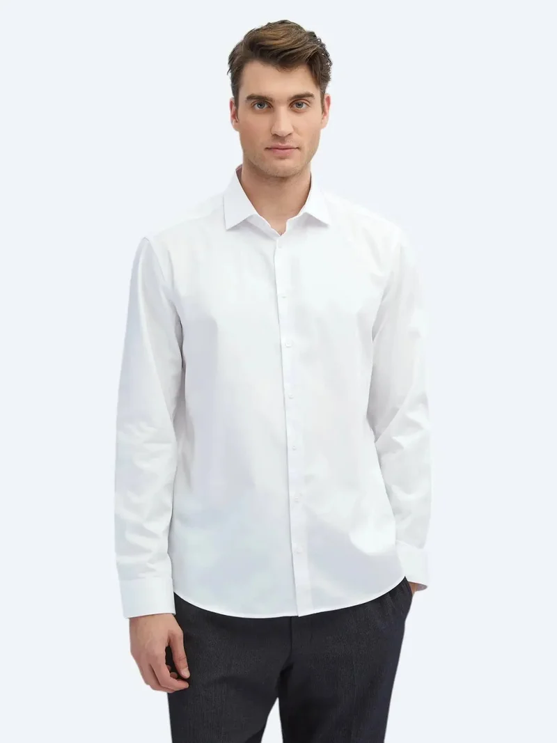 Kip White Plain Regular Fit Weaving Classical 100% Cotton Shirt