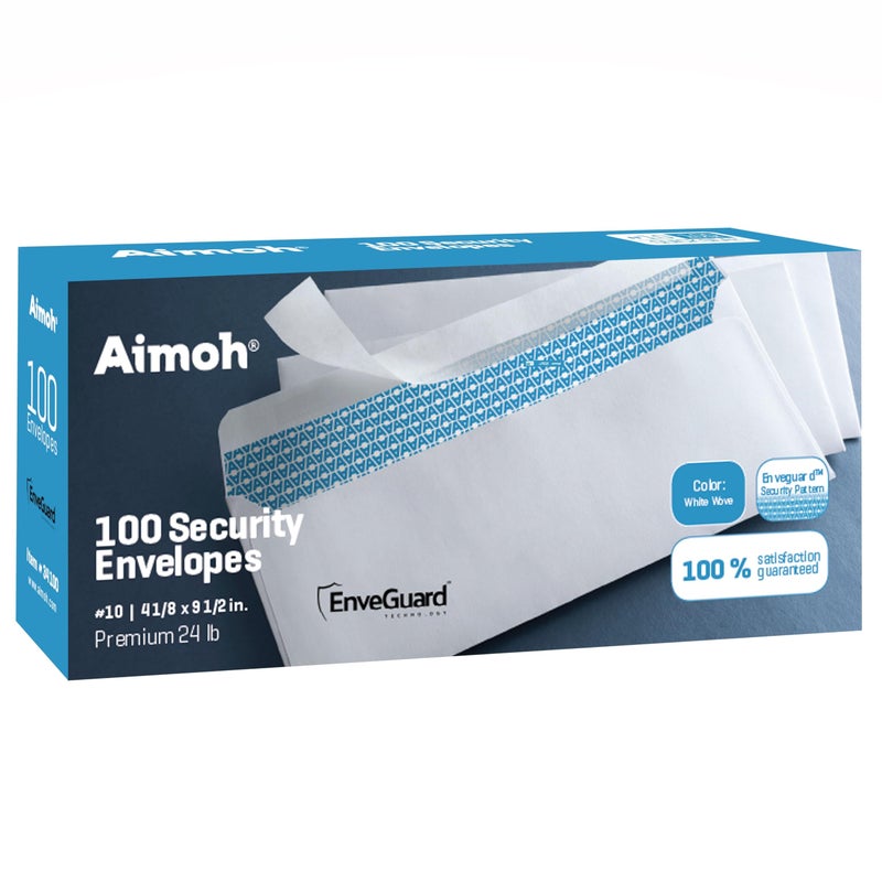 Aimoh 100#10 Security Self-Seal Envelopes, Windowless Design, Premium Security Tint Pattern, Ultra Strong Quick-Seal Closure - EnveGuard - Size 4-1/8 x 9-1/2 Inches - White - 24 LB - 100 Count (34010-100) - Image 1