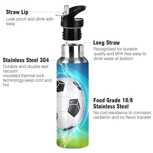 BOENLE Soccer Ball on Field Water Bottle Kids Insulated Football Boys Girls Stainless Steel Hot Cold Water Flask with Straw Lid for Sports Gym 20 oz - Image 2