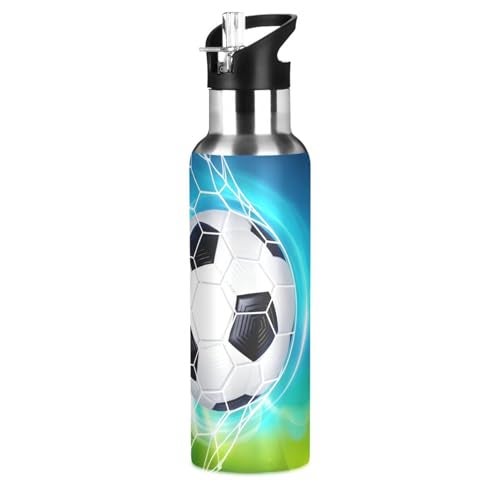 BOENLE Soccer Ball on Field Water Bottle Kids Insulated Football Boys Girls Stainless Steel Hot Cold Water Flask with Straw Lid for Sports Gym 20 oz - Image 1