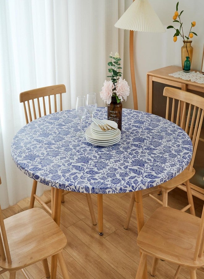 Pioggia مفرش طاولة دائري من الفينيل من بيوجيا مع ظهر من الفلانيل، مفرش طاولة مطاطي، غطاء طاولة بلاستيكي مقاوم للماء والزيوت (زهرة زرقاء، دائري كبير يناسب الطاولات بقطر يصل إلى 45-56 بوصة) - Image 3