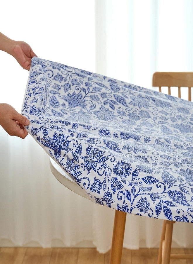 Pioggia مفرش طاولة دائري من الفينيل من بيوجيا مع ظهر من الفلانيل، مفرش طاولة مطاطي، غطاء طاولة بلاستيكي مقاوم للماء والزيوت (زهرة زرقاء، دائري كبير يناسب الطاولات بقطر يصل إلى 45-56 بوصة) - Image 2