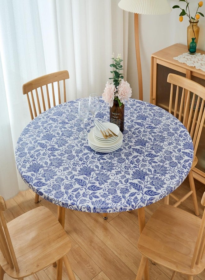 Pioggia مفرش طاولة دائري من الفينيل من بيوجيا مع ظهر من الفلانيل، مفرش طاولة مطاطي، غطاء طاولة بلاستيكي مقاوم للماء والزيوت (زهرة زرقاء، دائري كبير يناسب الطاولات بقطر يصل إلى 45-56 بوصة) - Image 4