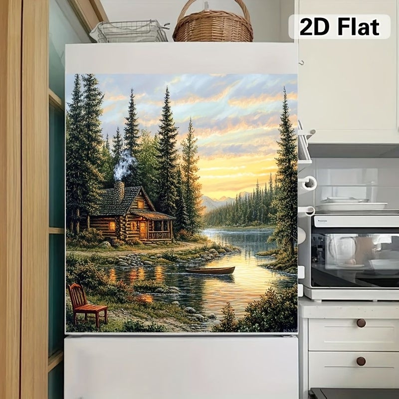 Magnetic Dishwasher Door Cover 25.59inch By 23.03inch 2D Flat Design Scenic Cabin Lake And Forest Decorative Cover For Dishwashers Easy To Install With Magnetic Backing - Image 1