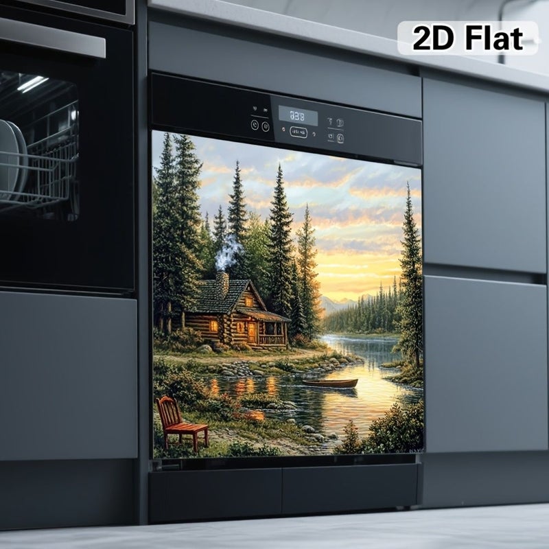 Magnetic Dishwasher Door Cover 25.59inch By 23.03inch 2D Flat Design Scenic Cabin Lake And Forest Decorative Cover For Dishwashers Easy To Install With Magnetic Backing - Image 4