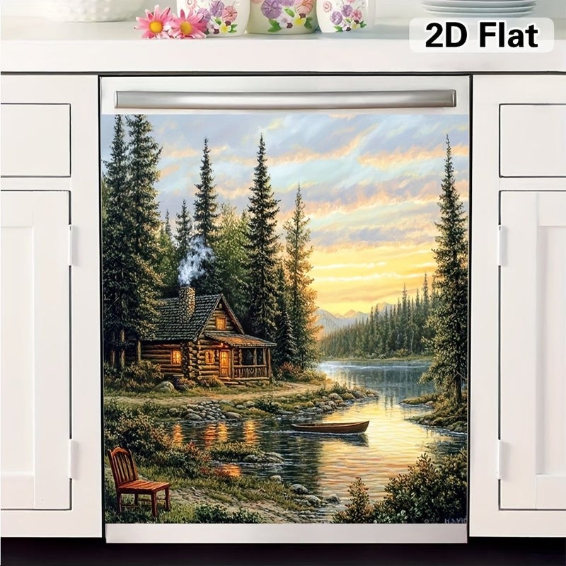 Magnetic Dishwasher Door Cover 25.59inch By 23.03inch 2D Flat Design Scenic Cabin Lake And Forest Decorative Cover For Dishwashers Easy To Install With Magnetic Backing - Image 3