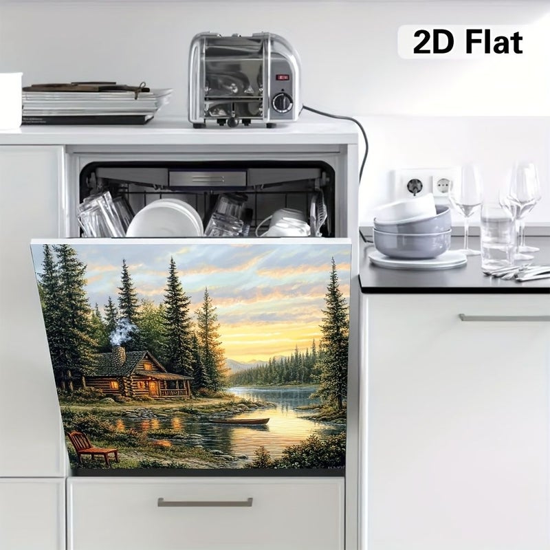 Magnetic Dishwasher Door Cover 25.59inch By 23.03inch 2D Flat Design Scenic Cabin Lake And Forest Decorative Cover For Dishwashers Easy To Install With Magnetic Backing - Image 2