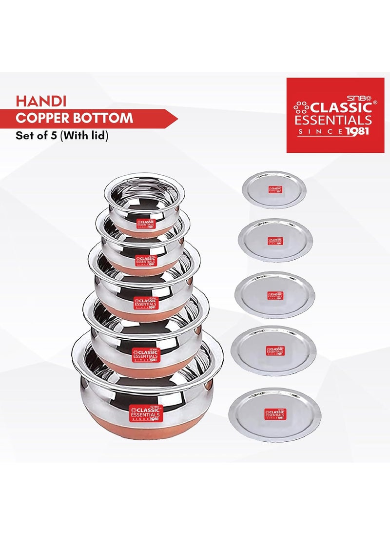 Classic Essentials Classic Essentials Copper Bottom Stainless Steel Handi Set with lid/Cookware Set/Patila/Bhagona/Biryani Cook & Serve (10)  - Image 2