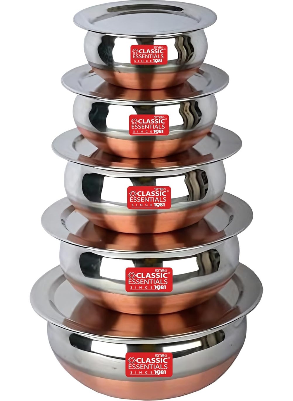 Classic Essentials Classic Essentials Copper Bottom Stainless Steel Handi Set with lid/Cookware Set/Patila/Bhagona/Biryani Cook & Serve (10)  - Image 1