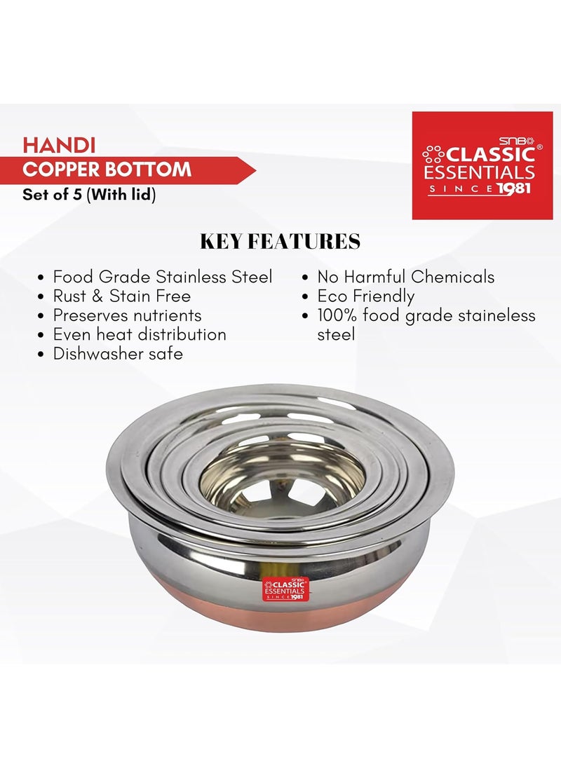 Classic Essentials Classic Essentials Copper Bottom Stainless Steel Handi Set with lid/Cookware Set/Patila/Bhagona/Biryani Cook & Serve (10)  - Image 3