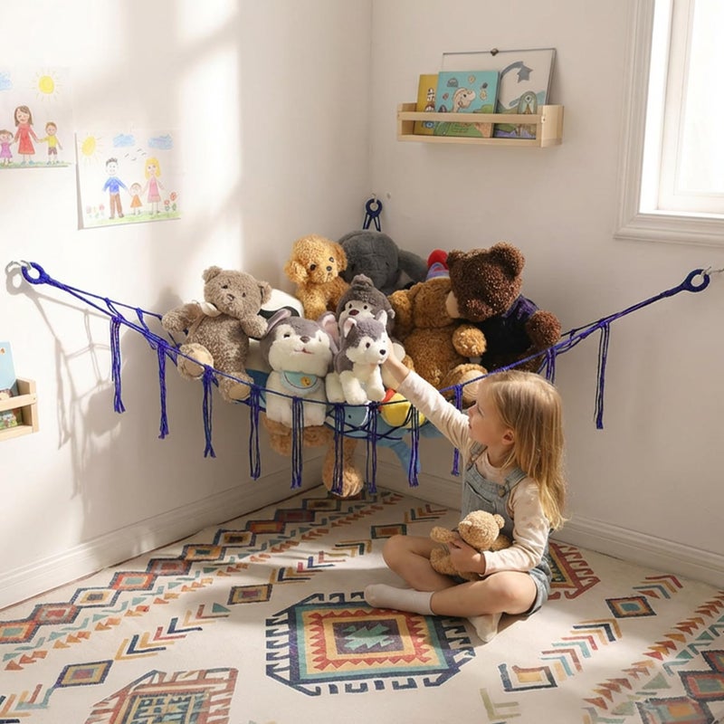 YKBU Stuffed Animals Hammock Corner Hanging Net for Macrame Stuffed Animal Storage Plush Toy Holder Toy Organizer for Boho Nursery Playroom Bedroom Kids Room Decor blue Large - Image 2