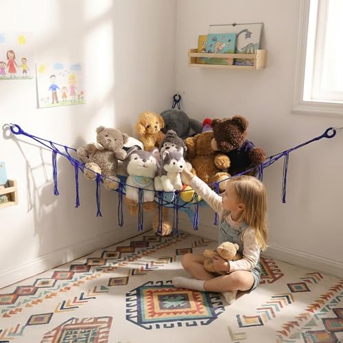 YKBU Stuffed Animals Hammock Corner Hanging Net for Macrame Stuffed Animal Storage Plush Toy Holder Toy Organizer for Boho Nursery Playroom Bedroom Kids Room Decor blue Large - Image 1