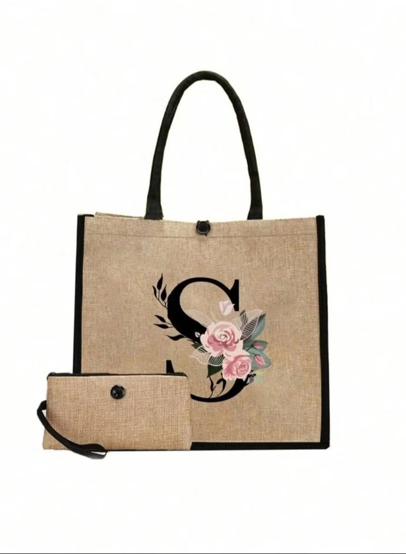 مجموعة من قطعتين من حقائب الكتف الكتانية بطبعة أحرف زهور بسيطة، حقيبة سفر بسيطة، حقيبة مستحضرات تجميل