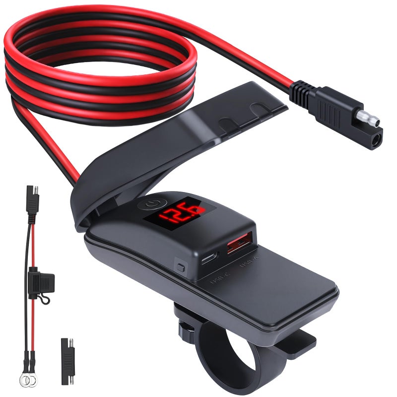 EXTRACTME شاحن هاتف للدراجات النارية 36 وات مزدوج USB من النوع C PD 3.0 & QC 3.0 شاحن USB للدراجات النارية مع الفولتميتر ومفتاح تشغيل/إيقاف مقاوم للماء شحن سريع SAE إلى محول USB للهاتف اللوحي GPS إلخ - Image 1