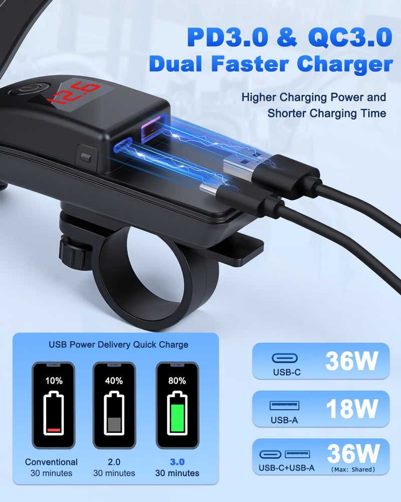 EXTRACTME شاحن هاتف للدراجات النارية 36 وات مزدوج USB من النوع C PD 3.0 & QC 3.0 شاحن USB للدراجات النارية مع الفولتميتر ومفتاح تشغيل/إيقاف مقاوم للماء شحن سريع SAE إلى محول USB للهاتف اللوحي GPS إلخ - Image 3