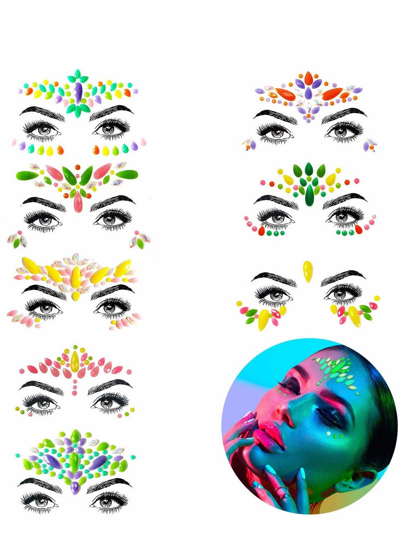 KASTWAVE Face Jewels - Noctilucent Face Gems Mermaid Face Jewels Festival, Body Rhinestone Gems Rave Rainbow Face Crystals Luminous for Festival Music Carnival Party Makeup（8 Sets ） - Image 1