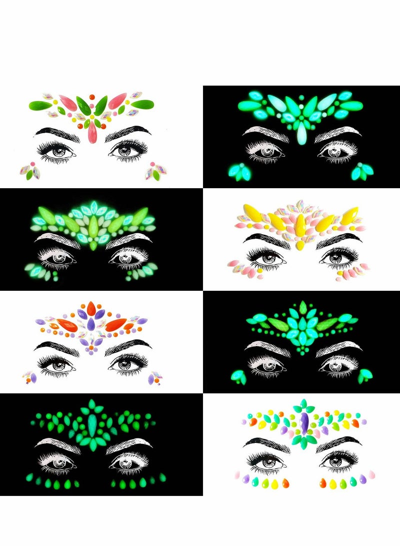 KASTWAVE Face Jewels - Noctilucent Face Gems Mermaid Face Jewels Festival, Body Rhinestone Gems Rave Rainbow Face Crystals Luminous for Festival Music Carnival Party Makeup（8 Sets ） - Image 3