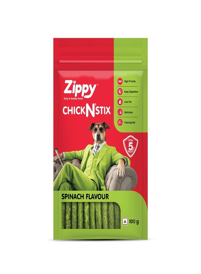 Zippy Chicken Sticks for Dogs - Spinach Flavour | Tasty & Healthy Treats for All Ages | High Protein, Easy Digestion, Low Fat | Ideal for Training | Dog Treats Pack of 1, 100g - Image 1