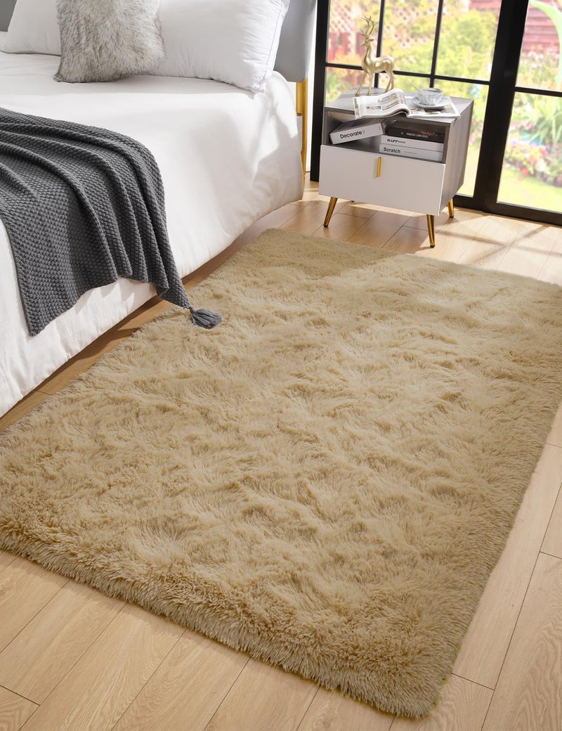 Macgace سجاد منطقة Macgace Fluffy لديكور غرفة نوم جمالية 4x6 beige beige shag brug مع نقاط غير قابلة للانزلاق لغرفة المعيشة غامضة سجادة قابلة للغسل - Image 2