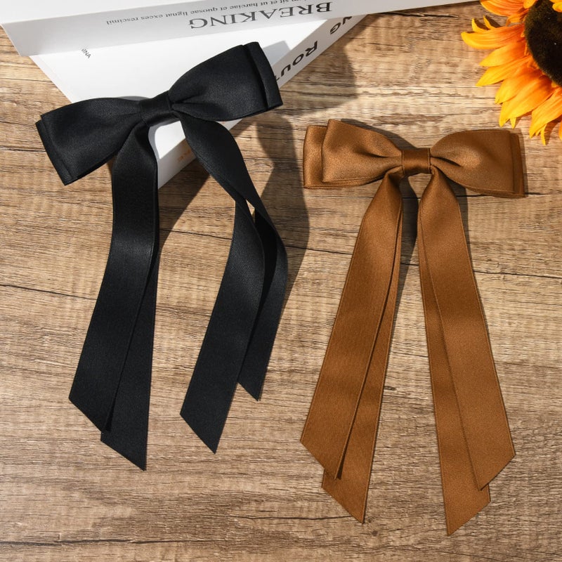 Aileam 2PCS Silky Satin Hair Bows Hair Clip Black Brown Hair Ribbon Ponytail Holder Accessories Slides Metal Clips Hair Bow for Women Girls Toddlers Teens Kids - Image 5