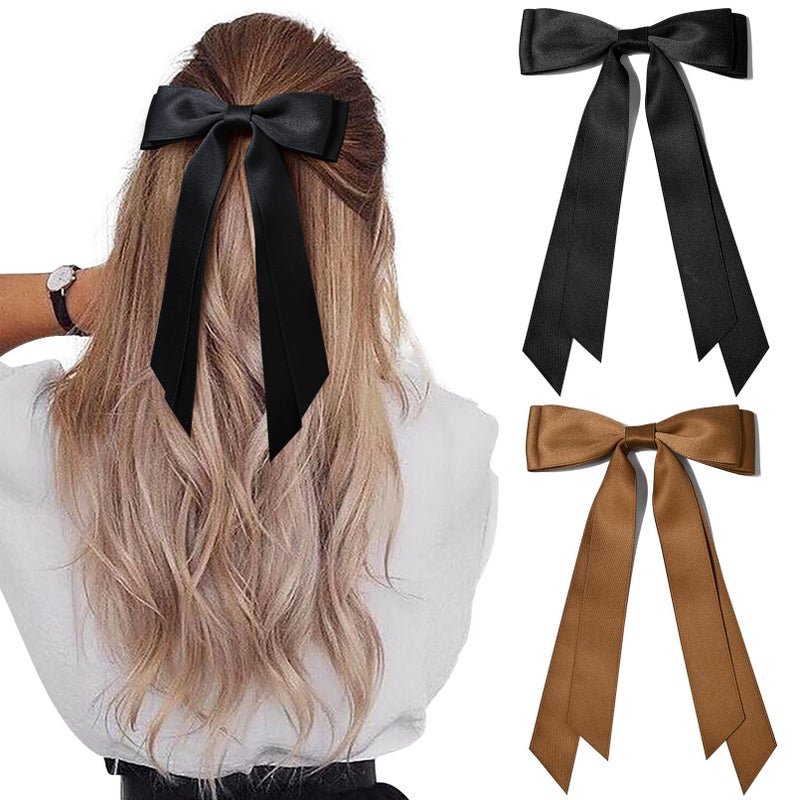 Aileam 2PCS Silky Satin Hair Bows Hair Clip Black Brown Hair Ribbon Ponytail Holder Accessories Slides Metal Clips Hair Bow for Women Girls Toddlers Teens Kids - Image 1