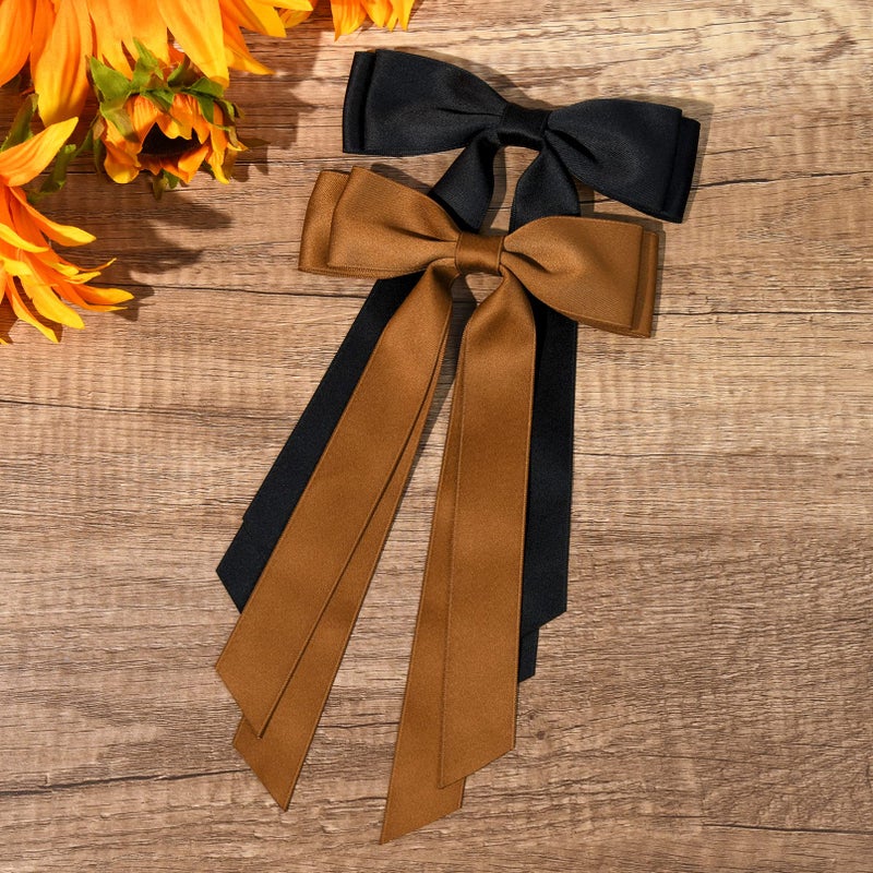 Aileam 2PCS Silky Satin Hair Bows Hair Clip Black Brown Hair Ribbon Ponytail Holder Accessories Slides Metal Clips Hair Bow for Women Girls Toddlers Teens Kids - Image 2