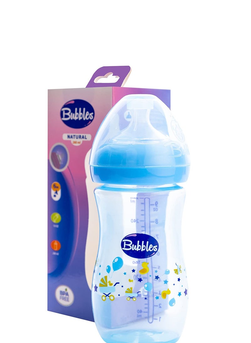 Bubbles natural feeding bottle without hand 280 ml - blue