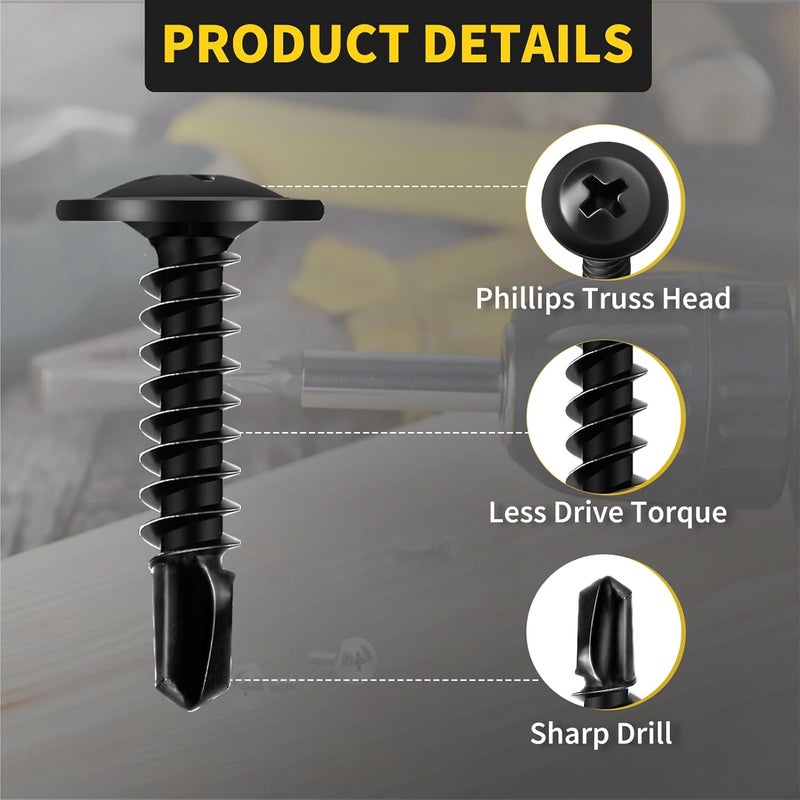 FIXLINK Sheet Metal Screws #8 x 3/4", 125pcs Phillips Modified Truss Head Self Tapping Screws for Metal, Self Drilling Screws, Black - Image 3