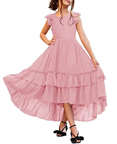 HOSIKA Girls Vintage Floral Lace Boho Ruffle Swing Birthday Party Holiday Flower Girl Dress for Kids 612 Years Pink XL