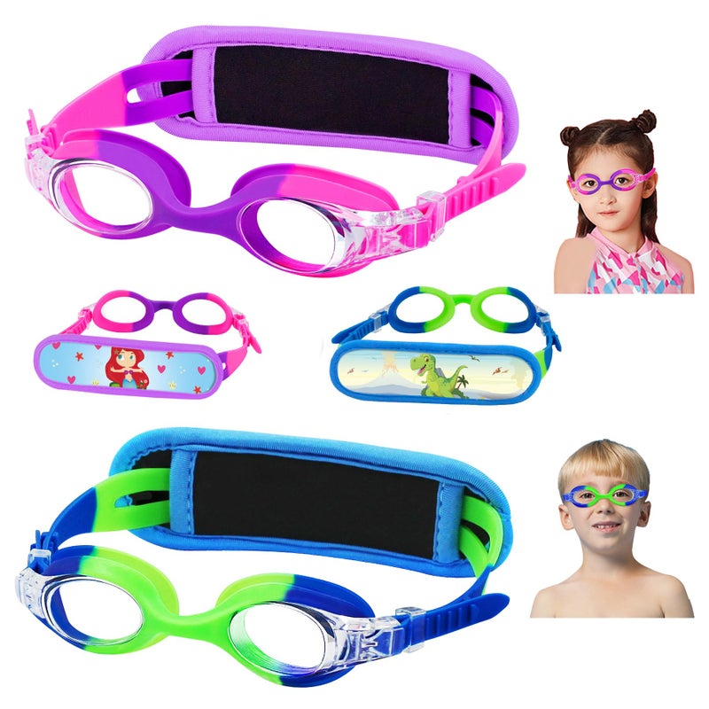 Vvinca Toddler Swim Goggles, 2 Packs Swimming Kids Goggles with Fabric Strap Cover No Hair Pulling Pain Free, Anti-Fog Clear View Leakproof Water Pool Goggles for Girls Boys Age 3-8 - Image 1