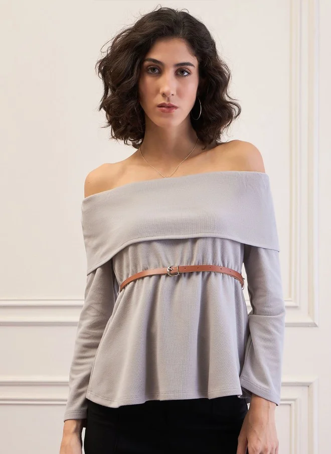 SASSAFRAS Grey Off-Shoulder Belted Peplum Top for Women
