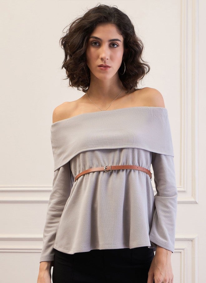 ساسافراس بلوزة نسائية رمادية بخصر مكشكش وحزام وكتف مكشوف - Image 1