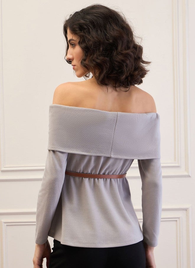 ساسافراس بلوزة نسائية رمادية بخصر مكشكش وحزام وكتف مكشوف - Image 4