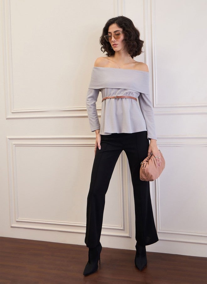 ساسافراس بلوزة نسائية رمادية بخصر مكشكش وحزام وكتف مكشوف - Image 5