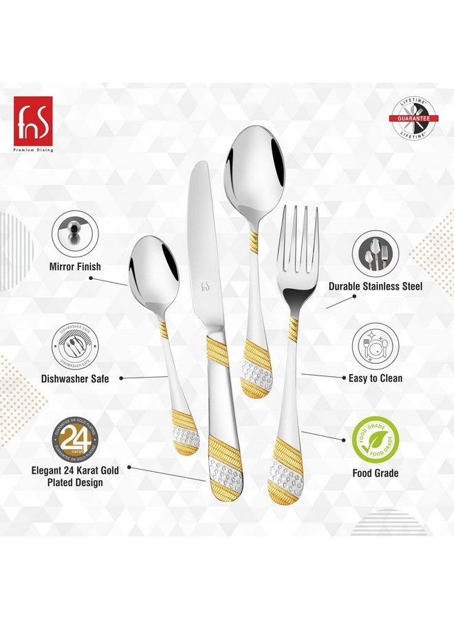 FnS Imperio 24 Karat Gold Plated 24-Piece Cutlery Set, Premium Stainless Steel (6 Dinner Spoons, 6 Dinner Forks, 6 Tea Spoons, 6 Dinner Knives with Hanging Stand) - Image 2