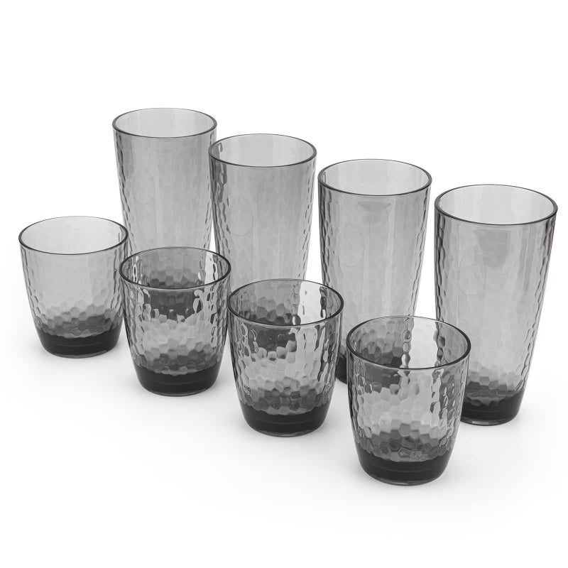 KOXINKARLU Hammered 15ounce and 26ounce Plastic Tumbler Acrylic Glasses set of 8 Smoky Grey