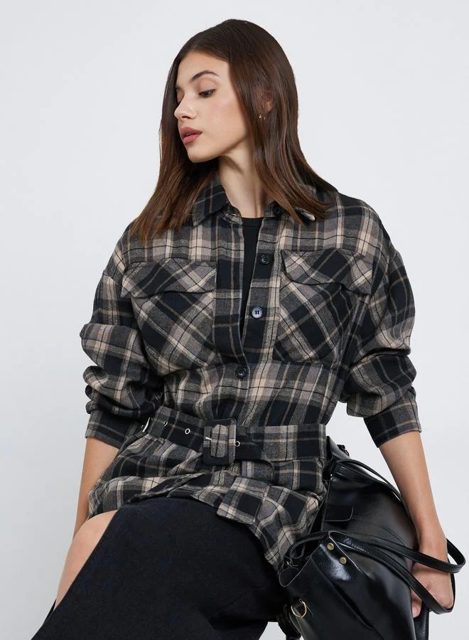 Styli Styli Black Longline Checked Print Shirt